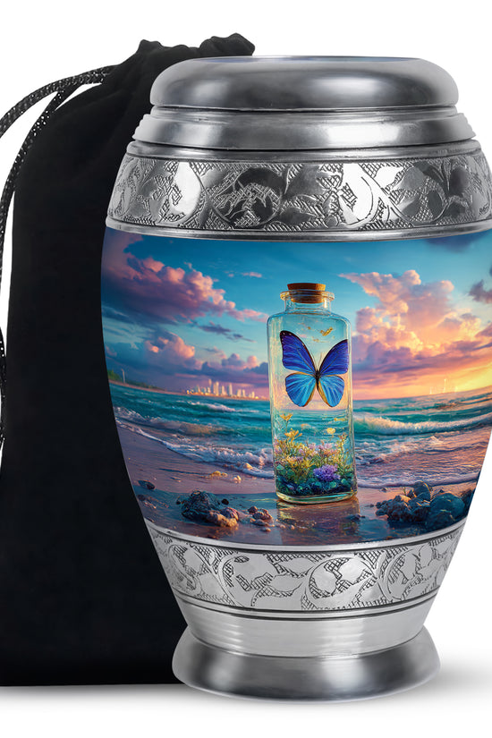 Calming Blue Butterfly Cremation Urn back view with polished surface - majestic butterfly pattern with filigree border - full-size 10 inch 200 cubic inch adult cremation urn