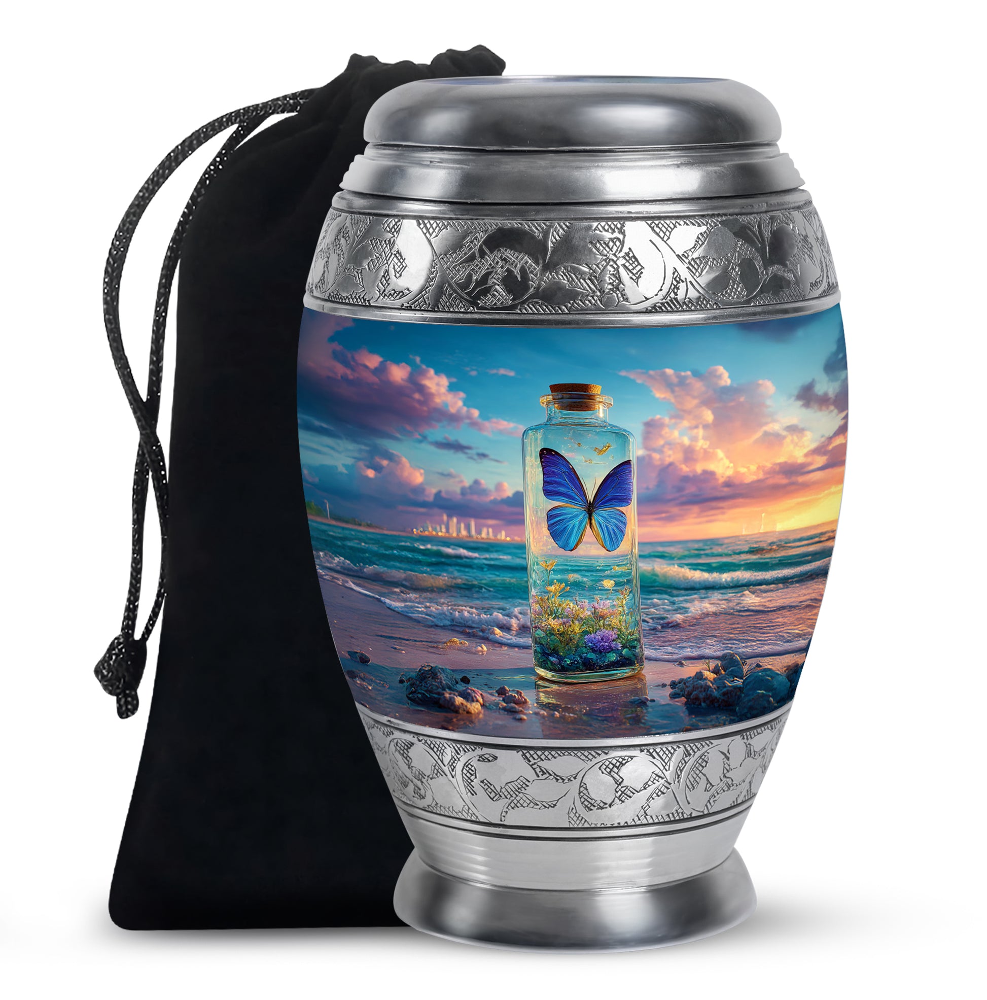Calming Blue Butterfly Cremation Urn back view with polished surface - majestic butterfly pattern with filigree border - full-size 10 inch 200 cubic inch adult cremation urn