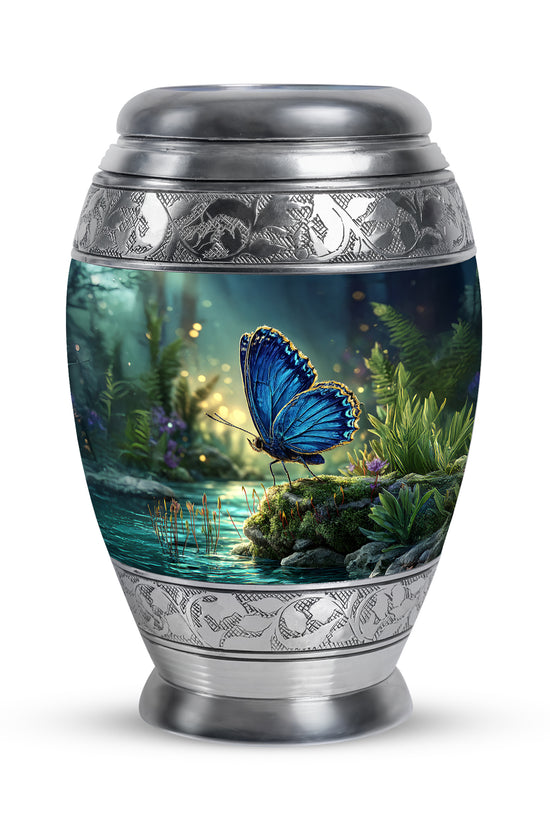 Blue Sacred Butterfly Cremation Urns for Human Ashes - 10-inch, 200 cu in - Yatskia