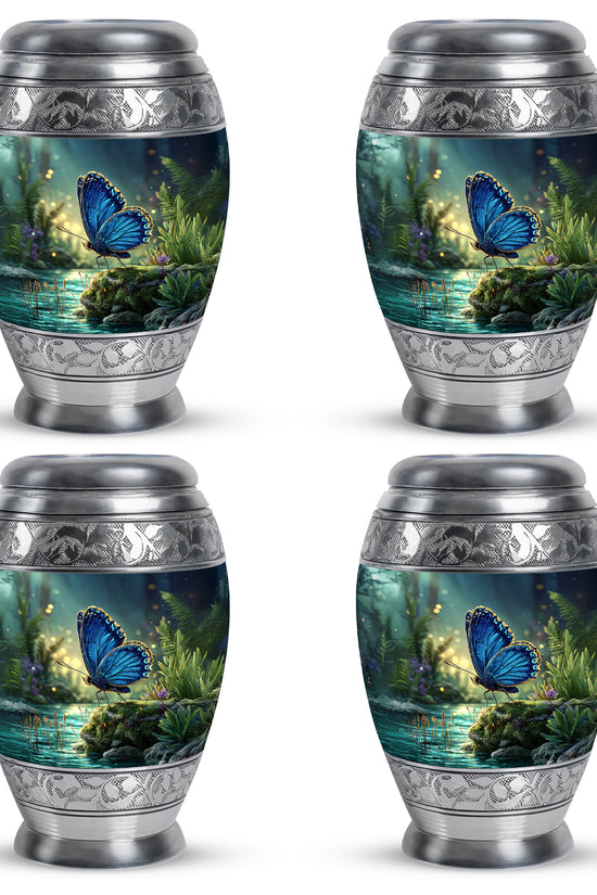 Serene Blue Butterfly Cremation Urn urn with complimentary velvet bag - majestic butterfly pattern with filigree border - 10 inch aluminum urn for cremated remains