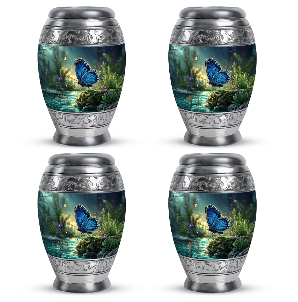Serene Blue Butterfly Cremation Urn urn with complimentary velvet bag - majestic butterfly pattern with filigree border - 10 inch aluminum urn for cremated remains