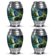 Serene Blue Butterfly Cremation Urn urn with complimentary velvet bag - majestic butterfly pattern with filigree border - 10 inch aluminum urn for cremated remains