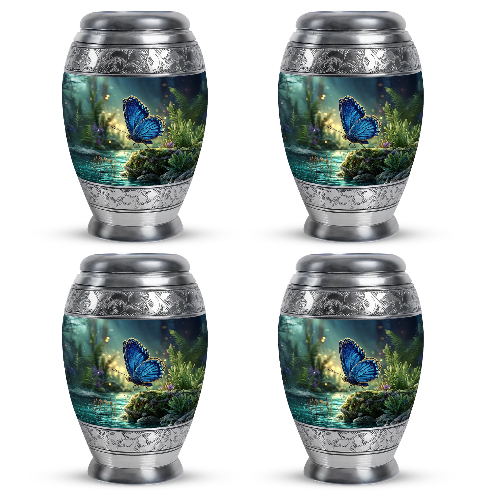 Serene Blue Butterfly Cremation Urn urn with complimentary velvet bag - majestic butterfly pattern with filigree border - 10 inch aluminum urn for cremated remains