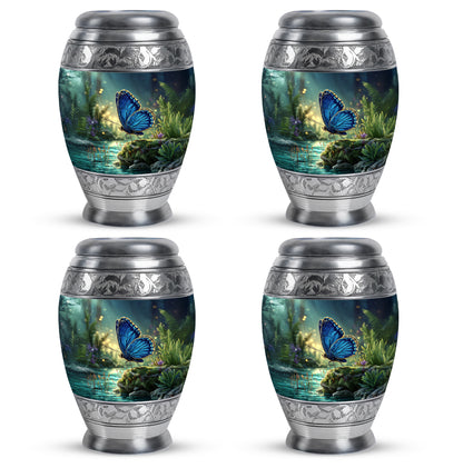 Serene Blue Butterfly Cremation Urn urn with complimentary velvet bag - majestic butterfly pattern with filigree border - 10 inch aluminum urn for cremated remains