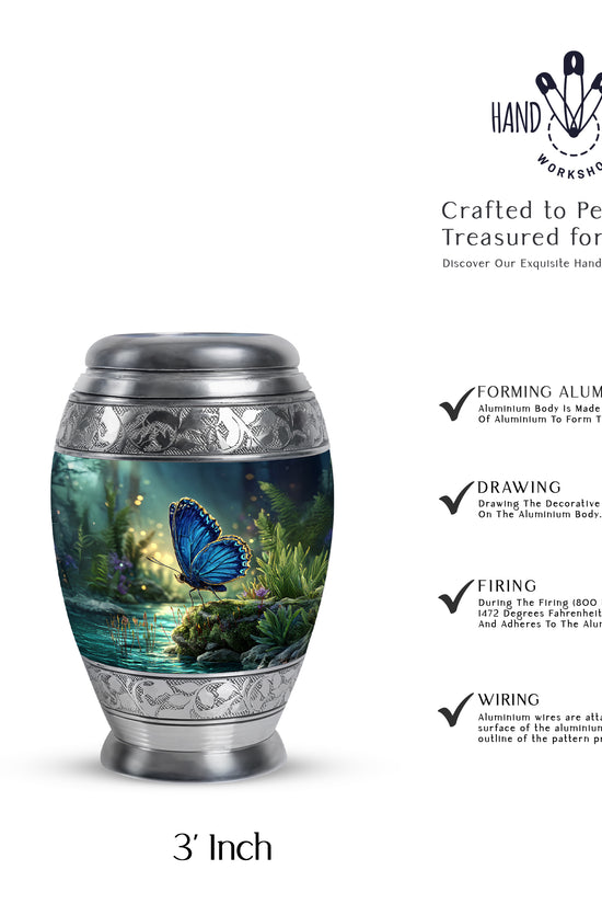Powder Blue Butterfly Cremation Urn lifestyle display on memorial shelf - regal butterfly design with crown-inspired accents - mini keepsake memorial for portion of cremation ashes