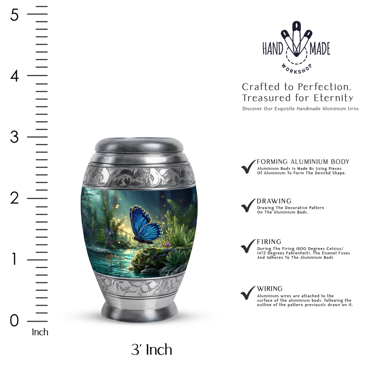Powder Blue Butterfly Cremation Urn lifestyle display on memorial shelf - regal butterfly design with crown-inspired accents - mini keepsake memorial for portion of cremation ashes