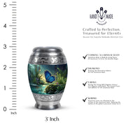 Powder Blue Butterfly Cremation Urn lifestyle display on memorial shelf - regal butterfly design with crown-inspired accents - mini keepsake memorial for portion of cremation ashes