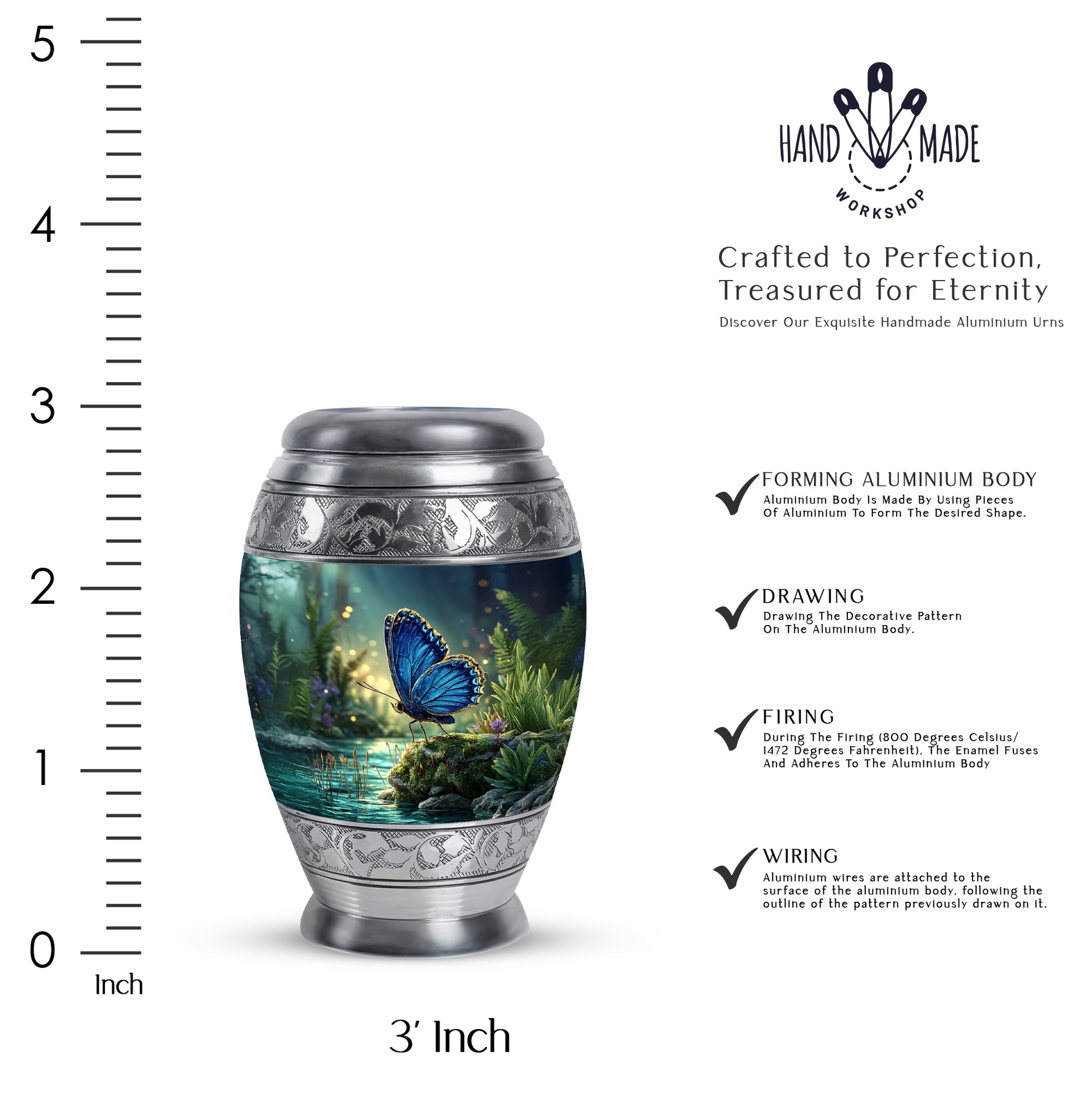 Powder Blue Butterfly Cremation Urn lifestyle display on memorial shelf - regal butterfly design with crown-inspired accents - mini keepsake memorial for portion of cremation ashes
