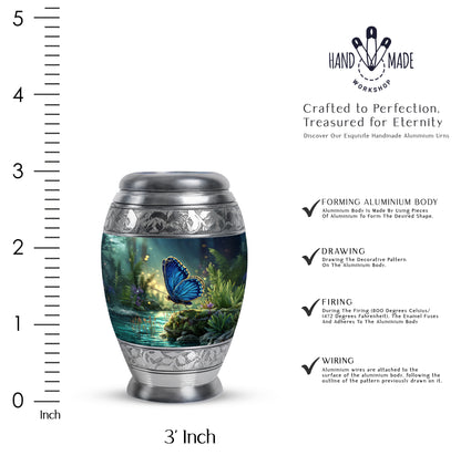 Powder Blue Butterfly Cremation Urn lifestyle display on memorial shelf - regal butterfly design with crown-inspired accents - mini keepsake memorial for portion of cremation ashes