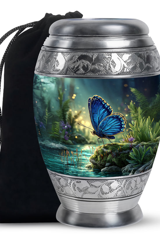Sapphire Blue Butterfly Cremation Urn back view with polished surface - majestic butterfly pattern with filigree border - full-size 10 inch 200 cubic inch adult cremation urn