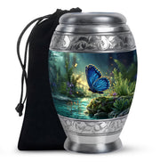 Sapphire Blue Butterfly Cremation Urn back view with polished surface - majestic butterfly pattern with filigree border - full-size 10 inch 200 cubic inch adult cremation urn