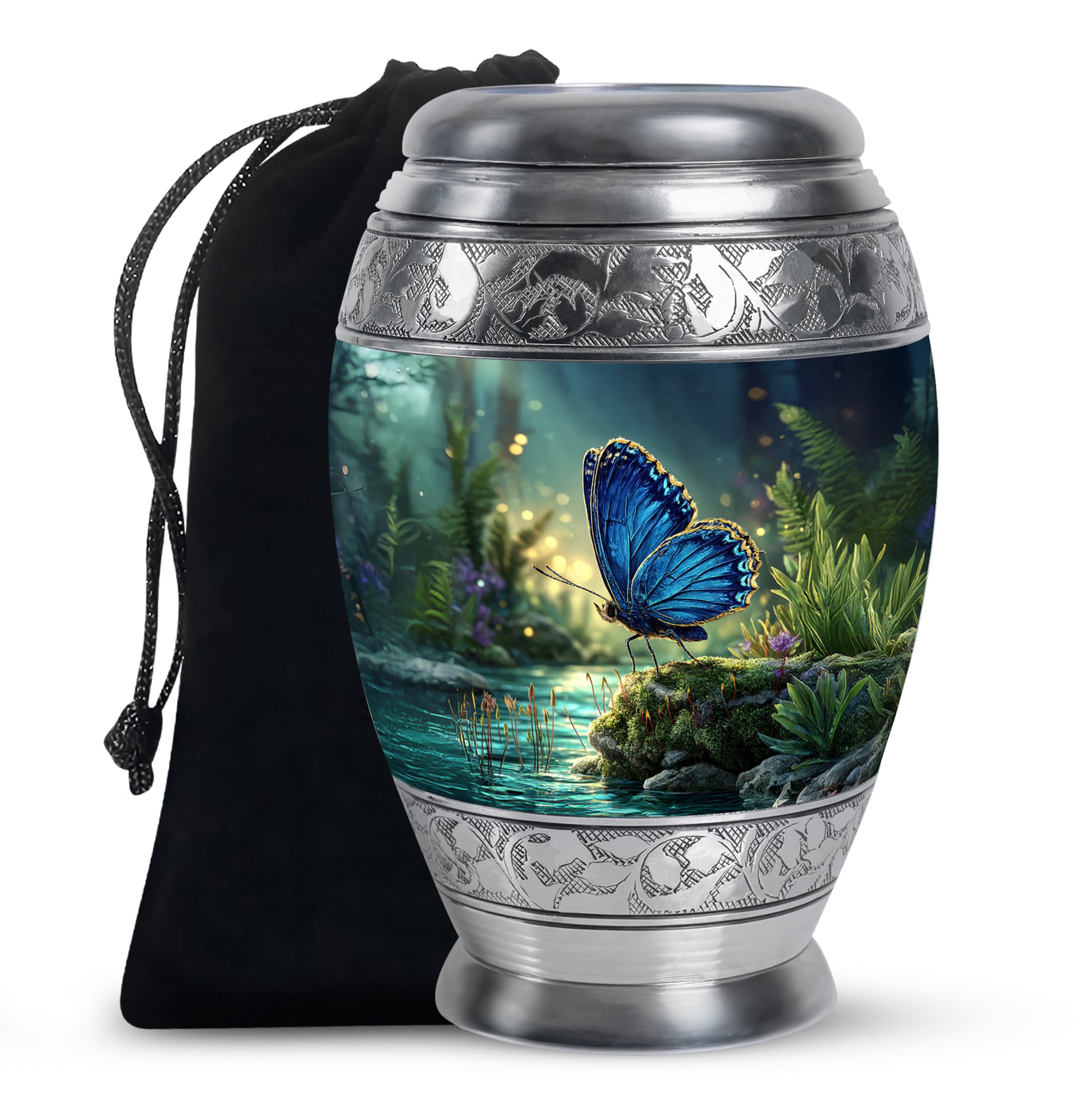 Sapphire Blue Butterfly Cremation Urn back view with polished surface - majestic butterfly pattern with filigree border - full-size 10 inch 200 cubic inch adult cremation urn