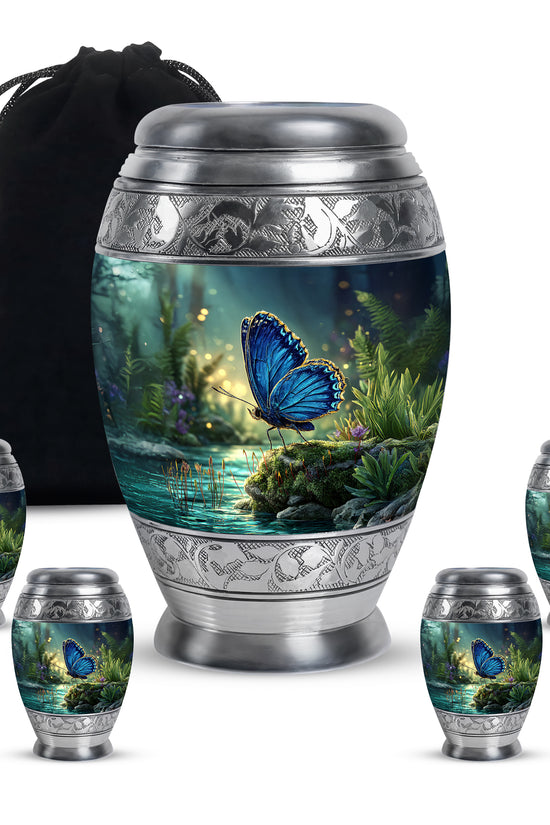 Twilight Blue Butterfly Cremation Urn detail view - royal butterfly engraving with decorative scrollwork - memorial set with one large and four small urns
