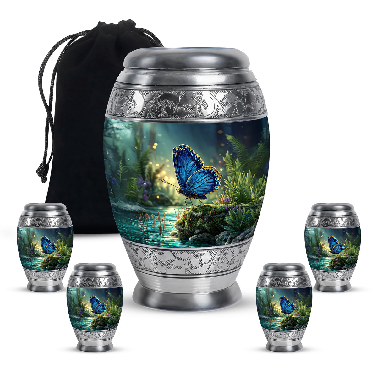 Twilight Blue Butterfly Cremation Urn detail view - royal butterfly engraving with decorative scrollwork - memorial set with one large and four small urns