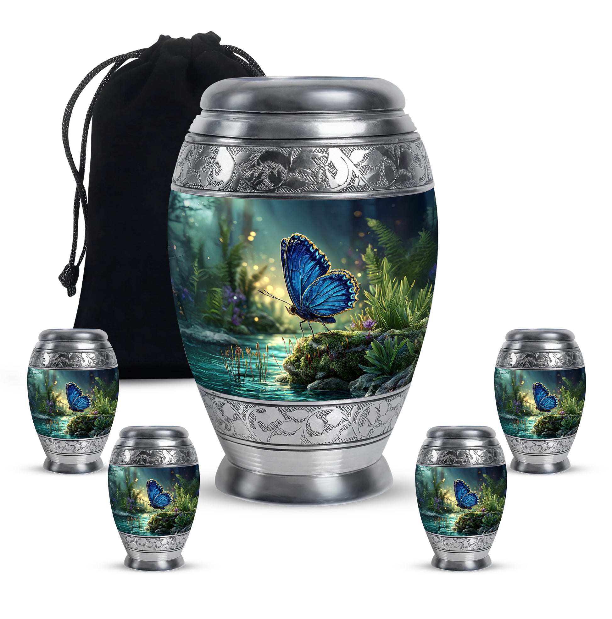 Twilight Blue Butterfly Cremation Urn detail view - royal butterfly engraving with decorative scrollwork - memorial set with one large and four small urns