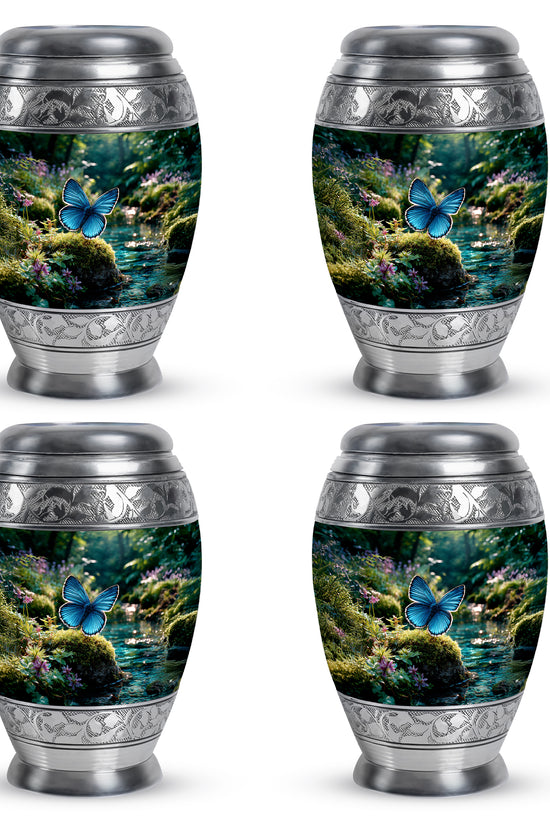 Hunter Green Butterfly Cremation Urn urn with complimentary velvet bag - royal butterfly engraving with decorative scrollwork - 10 inch aluminum urn for cremated remains