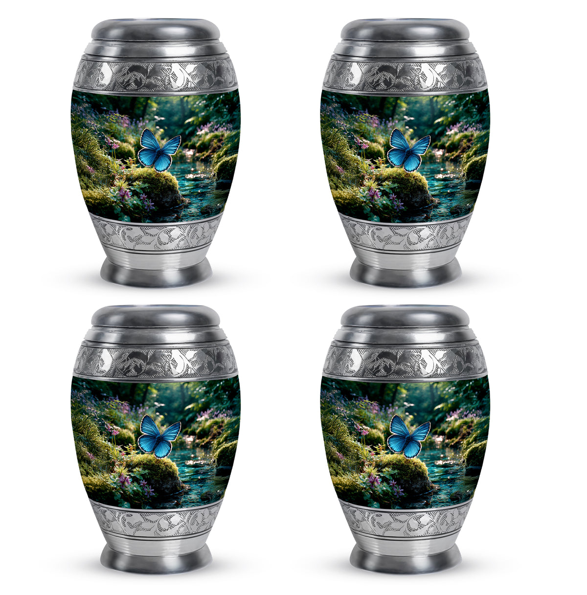 Hunter Green Butterfly Cremation Urn urn with complimentary velvet bag - royal butterfly engraving with decorative scrollwork - 10 inch aluminum urn for cremated remains