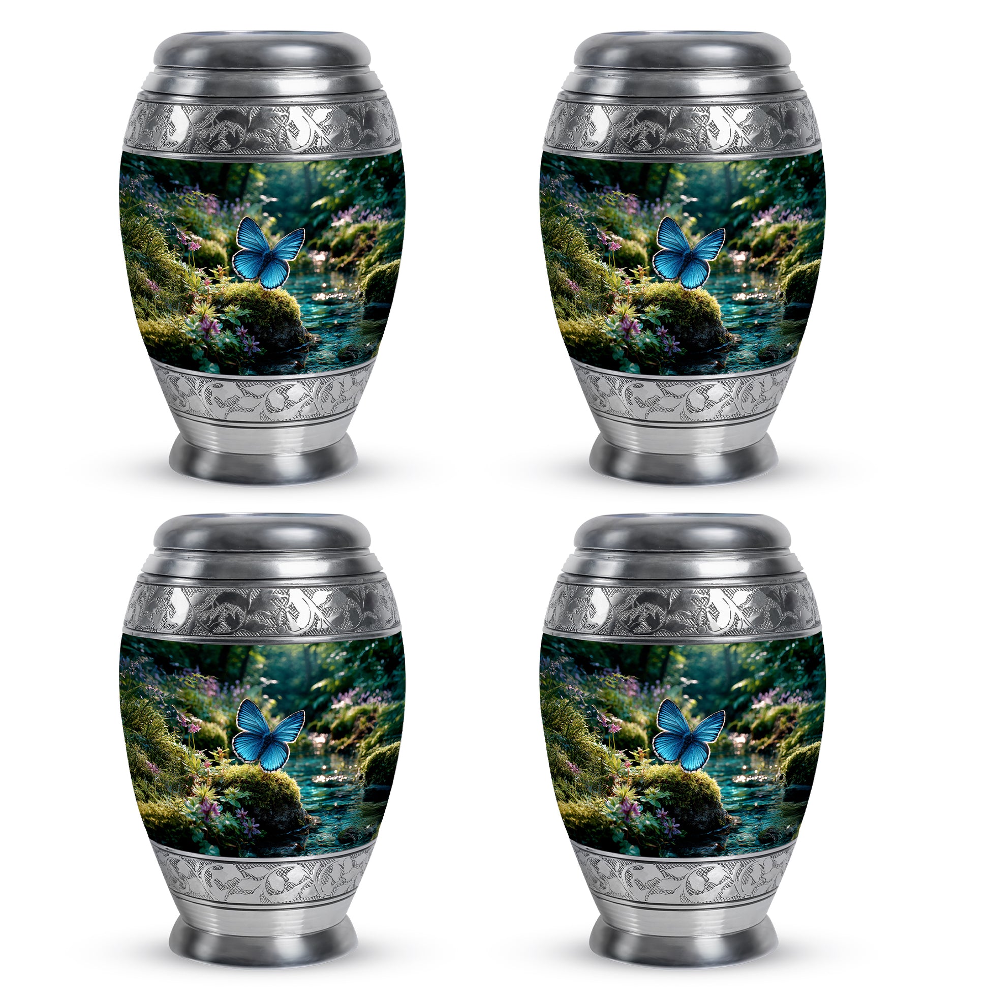 Hunter Green Butterfly Cremation Urn urn with complimentary velvet bag - royal butterfly engraving with decorative scrollwork - 10 inch aluminum urn for cremated remains