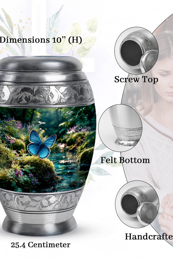 Emerald Green Butterfly Cremation Urn lifestyle display on memorial shelf - regal butterfly design with crown-inspired accents - mini keepsake memorial for portion of cremation ashes