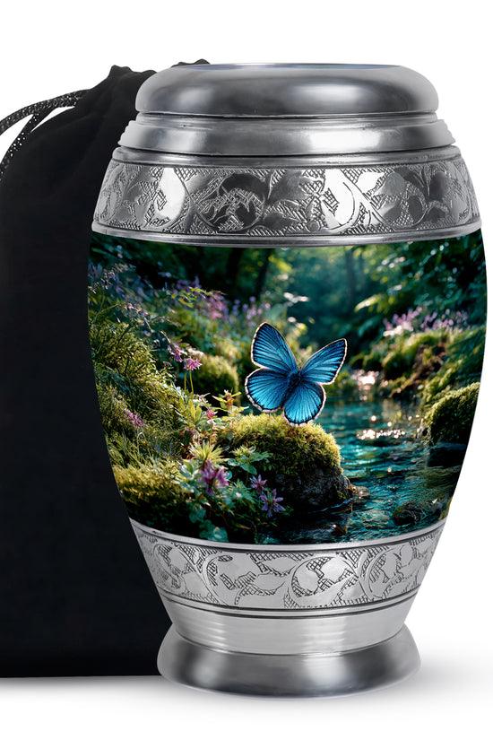 Moss Green Butterfly Cremation Urn back view with polished surface - ornate monarch-style butterfly relief on brushed aluminum - full-size 10 inch 200 cubic inch adult cremation urn