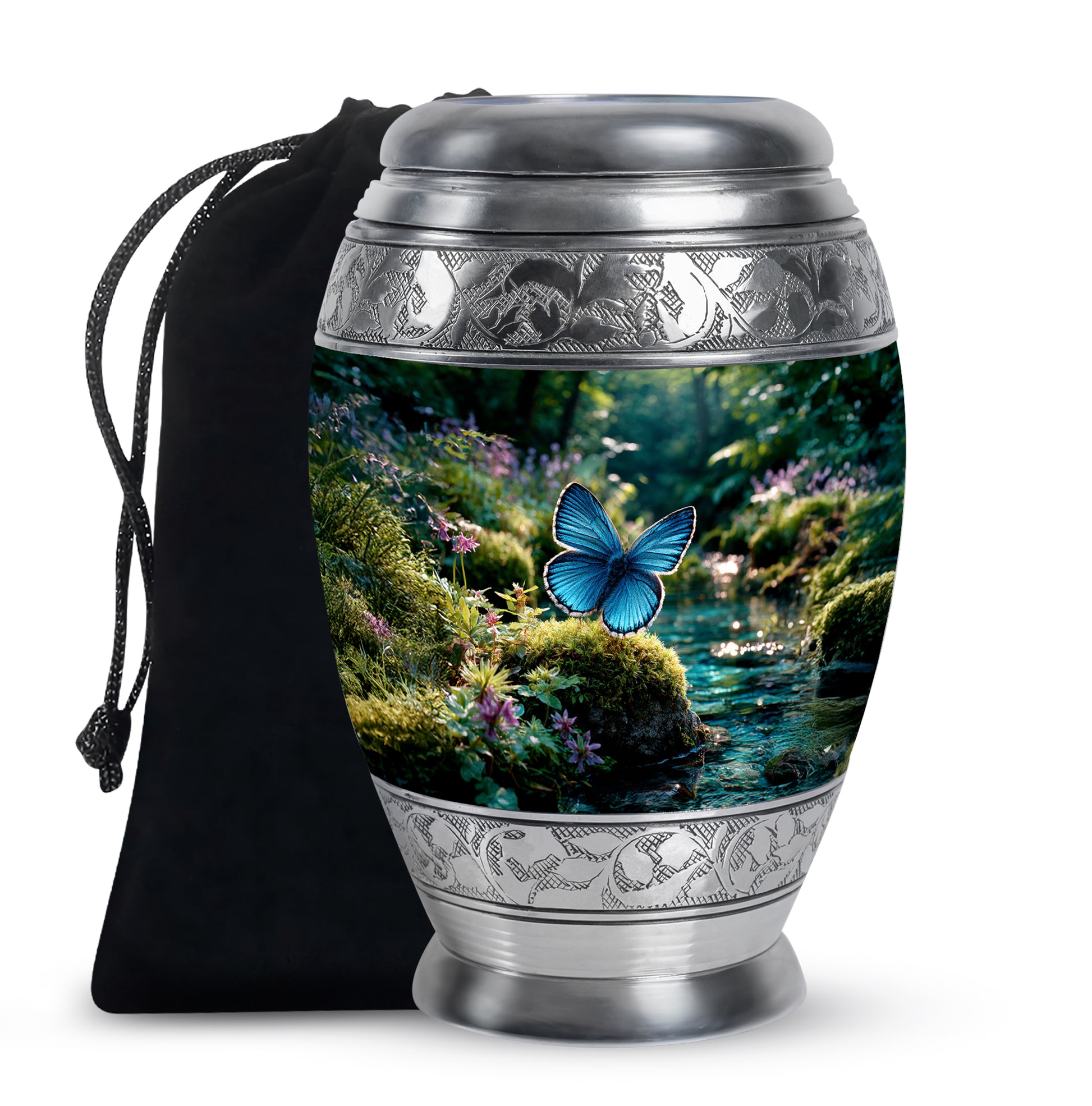 Moss Green Butterfly Cremation Urn back view with polished surface - ornate monarch-style butterfly relief on brushed aluminum - full-size 10 inch 200 cubic inch adult cremation urn