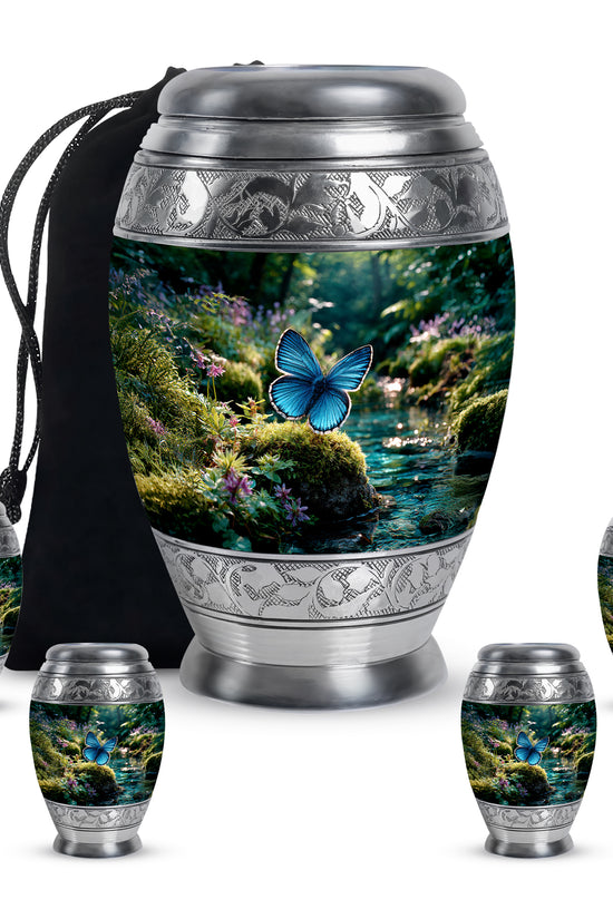Moss Green Butterfly Cremation Urn detail view - regal butterfly design with crown-inspired accents - memorial set with one large and four small urns