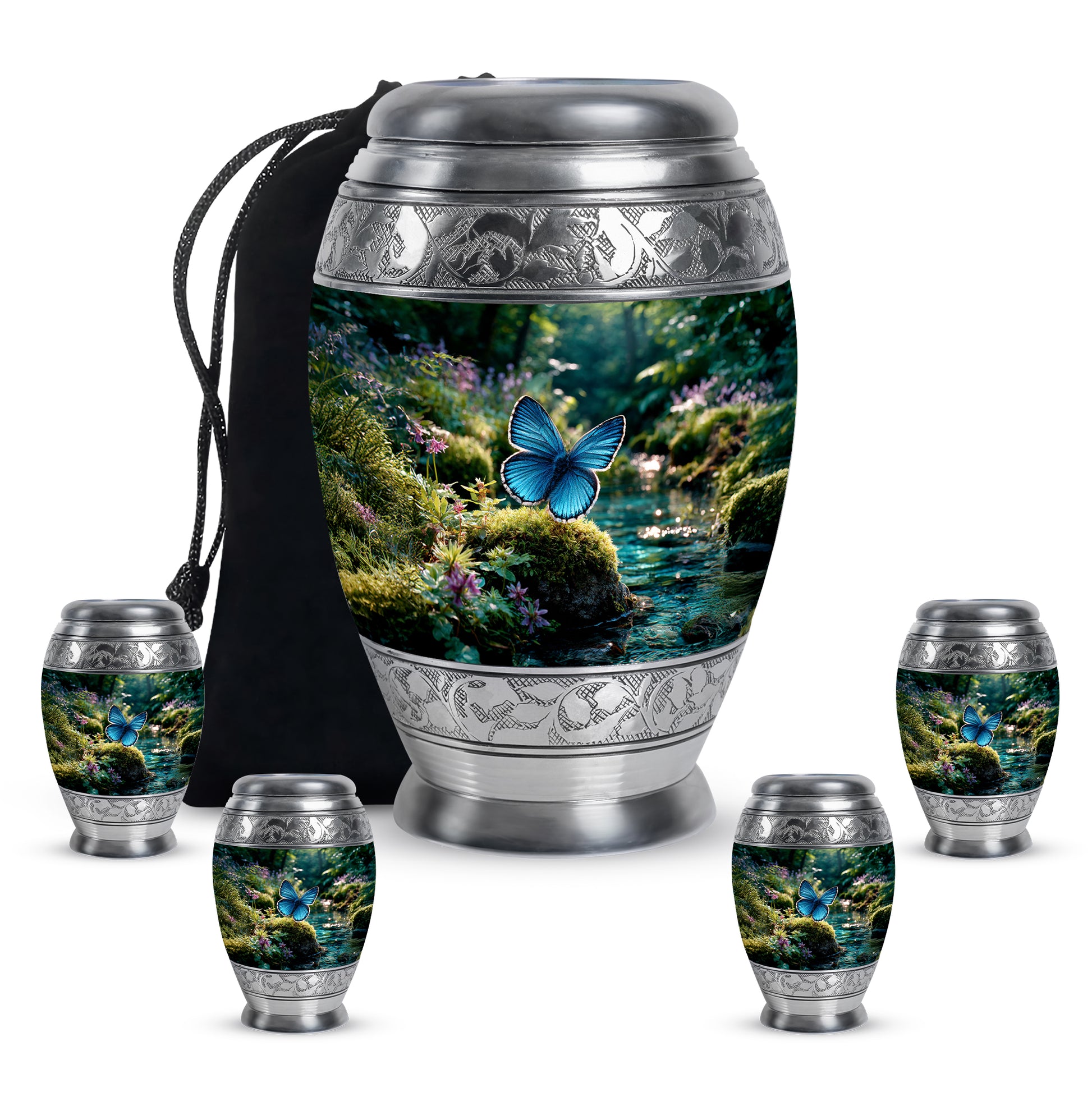 Moss Green Butterfly Cremation Urn detail view - regal butterfly design with crown-inspired accents - memorial set with one large and four small urns