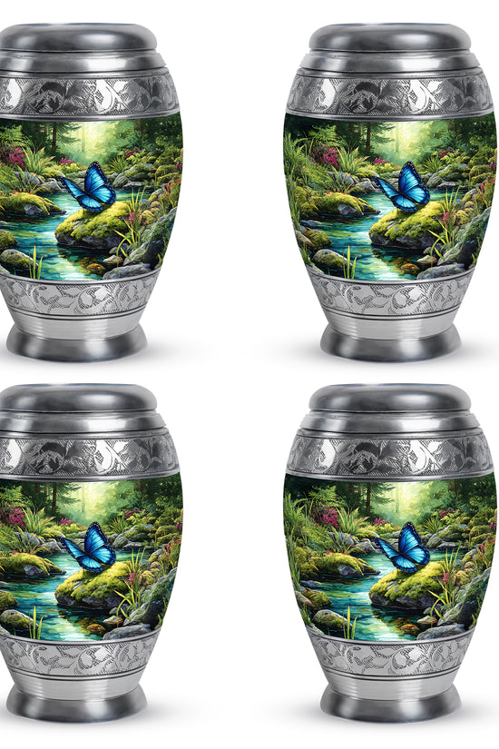 Hunter Green Butterfly Cremation Urn urn with complimentary velvet bag - majestic butterfly pattern with filigree border - 10 inch aluminum urn for cremated remains