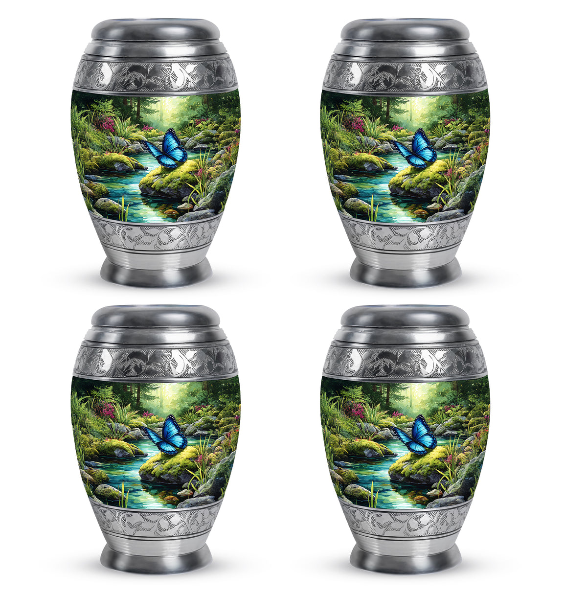 Hunter Green Butterfly Cremation Urn urn with complimentary velvet bag - majestic butterfly pattern with filigree border - 10 inch aluminum urn for cremated remains