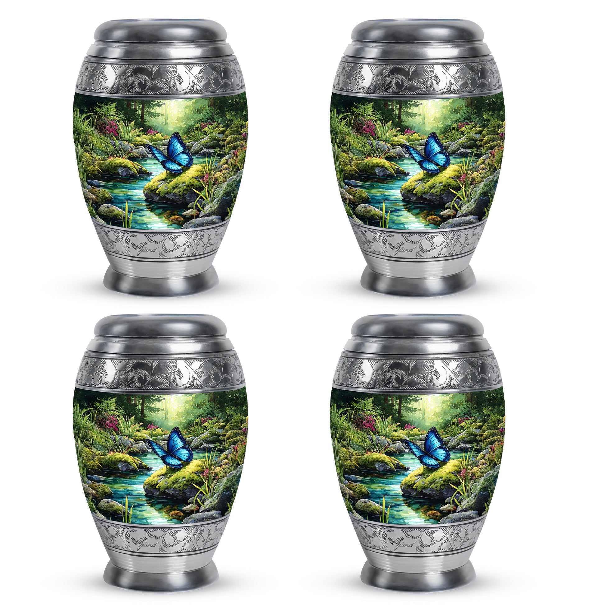 Hunter Green Butterfly Cremation Urn urn with complimentary velvet bag - majestic butterfly pattern with filigree border - 10 inch aluminum urn for cremated remains