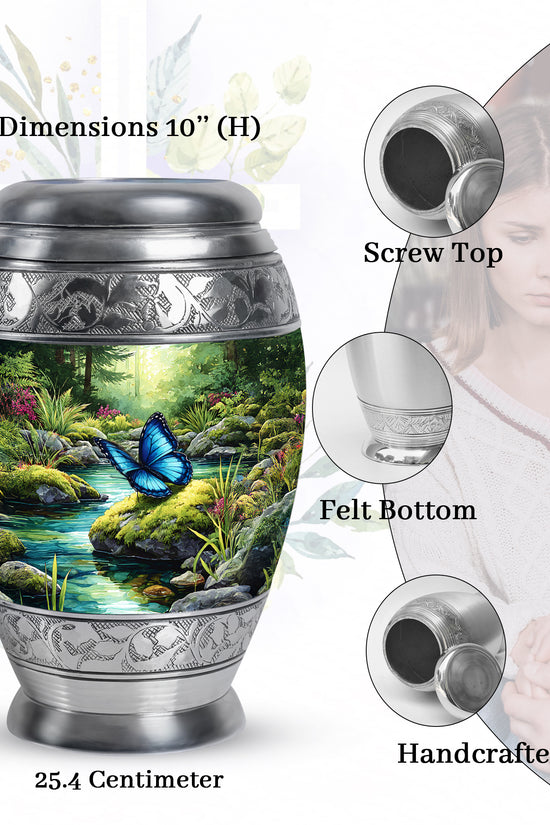 Emerald Green Butterfly Cremation Urn lifestyle display on memorial shelf - regal butterfly design with crown-inspired accents - mini keepsake memorial for portion of cremation ashes