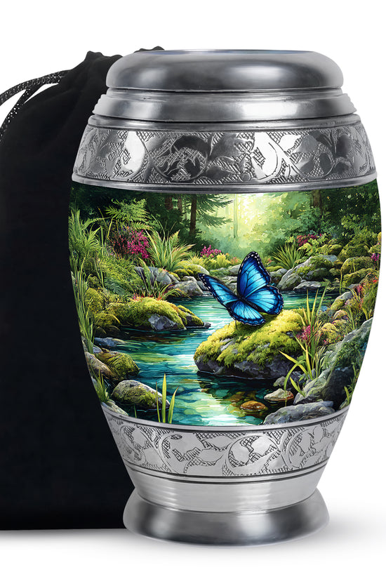 Blue Butterfly Theme Creamtion Urn - Beautiful Nature Theme Funeral Urn For Ashes