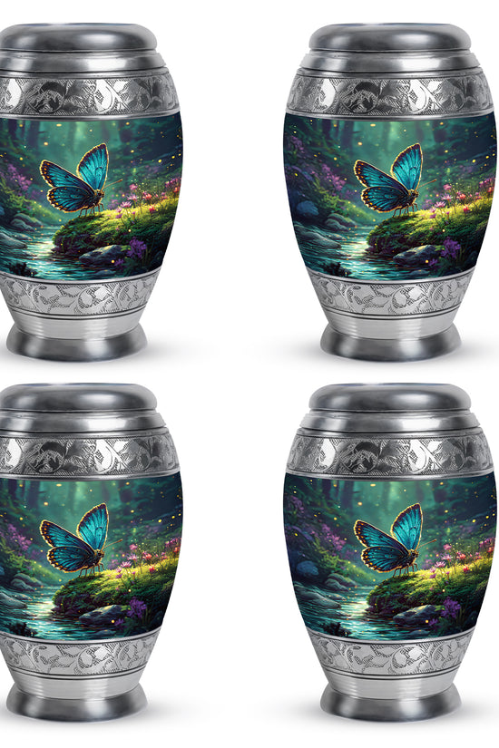Sea Green Teal Butterfly Cremation Urn urn with complimentary velvet bag - ornate monarch-style butterfly relief on brushed aluminum - 10 inch aluminum urn for cremated remains