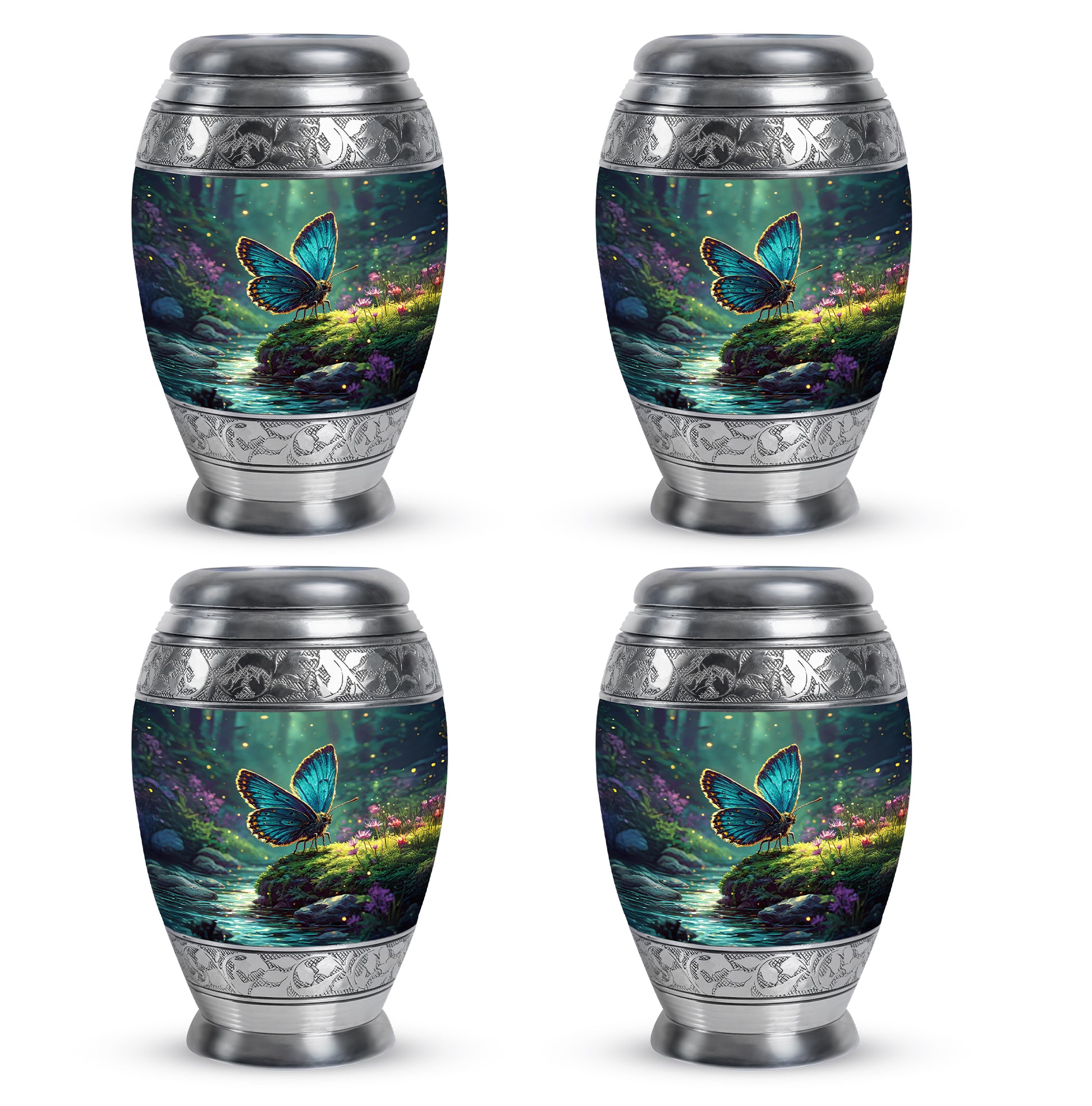 Sea Green Teal Butterfly Cremation Urn urn with complimentary velvet bag - ornate monarch-style butterfly relief on brushed aluminum - 10 inch aluminum urn for cremated remains