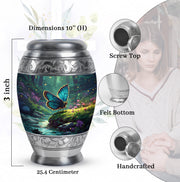 Jewel Teal Butterfly Cremation Urn lifestyle display on memorial shelf - regal butterfly design with crown-inspired accents - mini keepsake memorial for portion of cremation ashes