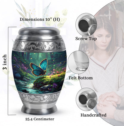 Jewel Teal Butterfly Cremation Urn lifestyle display on memorial shelf - regal butterfly design with crown-inspired accents - mini keepsake memorial for portion of cremation ashes