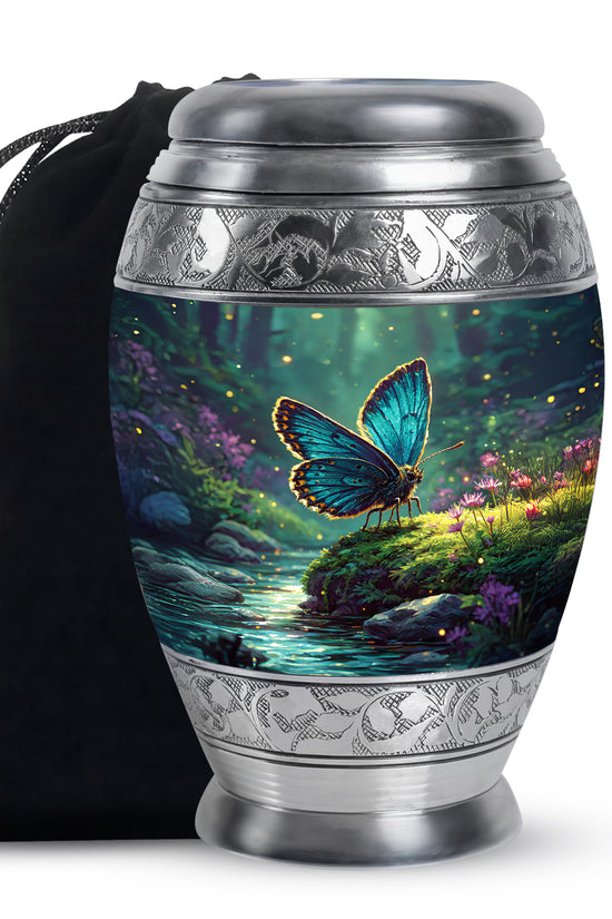 Ocean Teal Butterfly Cremation Urn back view with polished surface - regal butterfly design with crown-inspired accents - full-size 10 inch 200 cubic inch adult cremation urn