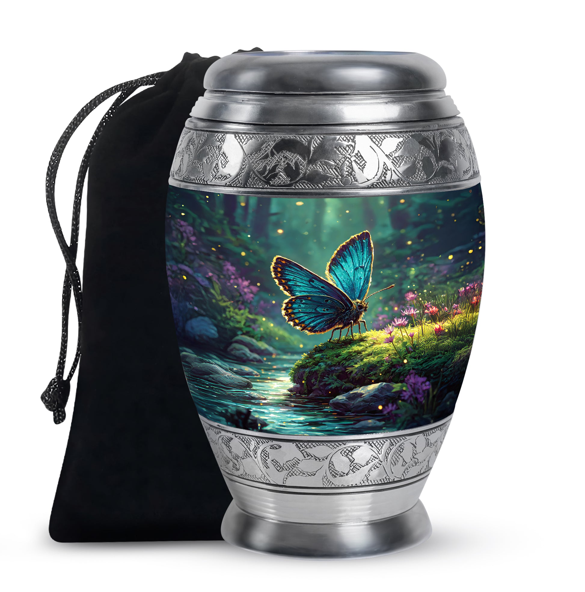 Ocean Teal Butterfly Cremation Urn back view with polished surface - regal butterfly design with crown-inspired accents - full-size 10 inch 200 cubic inch adult cremation urn