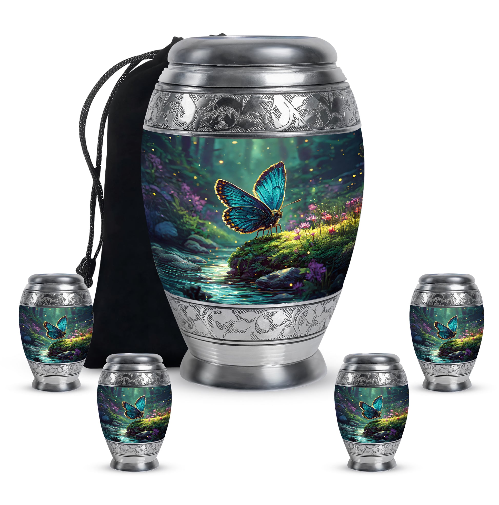 Cool Teal Butterfly Cremation Urn detail view - ornate monarch-style butterfly relief on brushed aluminum - memorial set with one large and four small urns