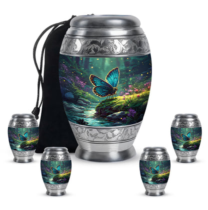 Cool Teal Butterfly Cremation Urn detail view - ornate monarch-style butterfly relief on brushed aluminum - memorial set with one large and four small urns