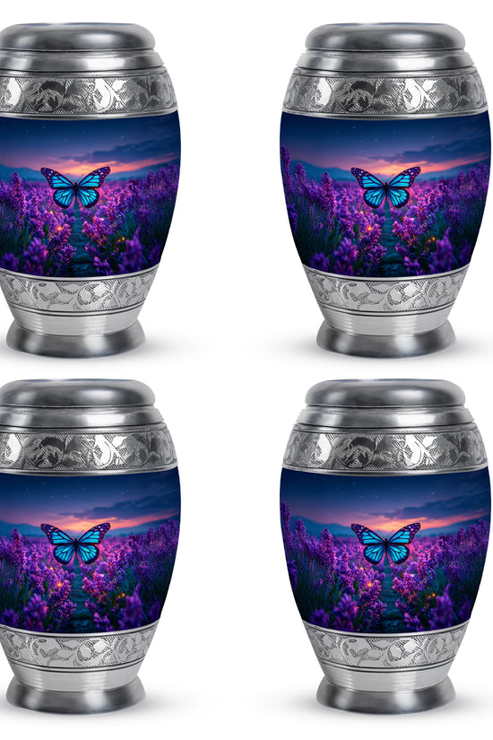 Cobalt Blue Butterfly Cremation Urn urn with complimentary velvet bag - royal butterfly engraving with decorative scrollwork - 10 inch aluminum urn for cremated remains