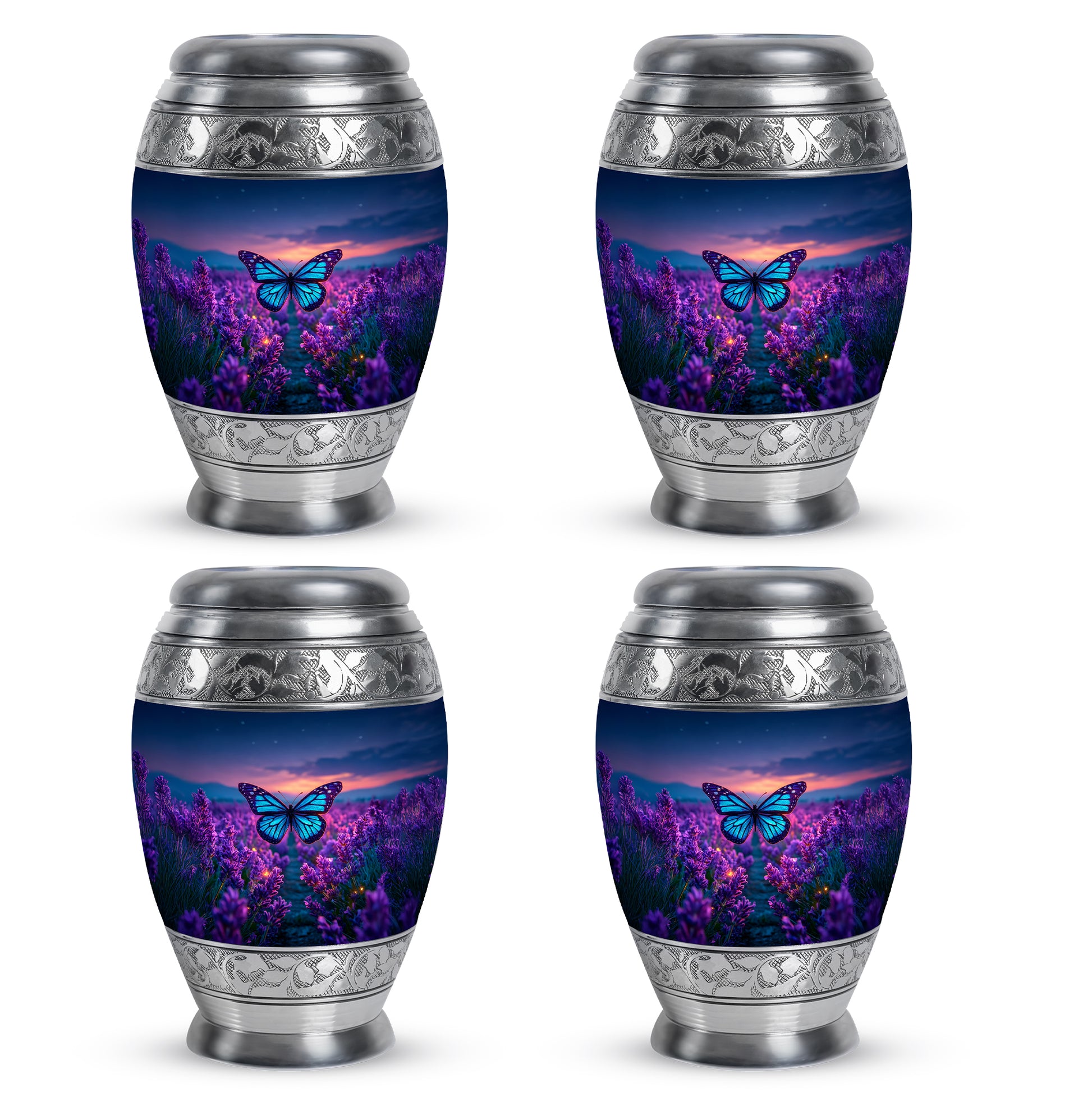 Cobalt Blue Butterfly Cremation Urn urn with complimentary velvet bag - royal butterfly engraving with decorative scrollwork - 10 inch aluminum urn for cremated remains