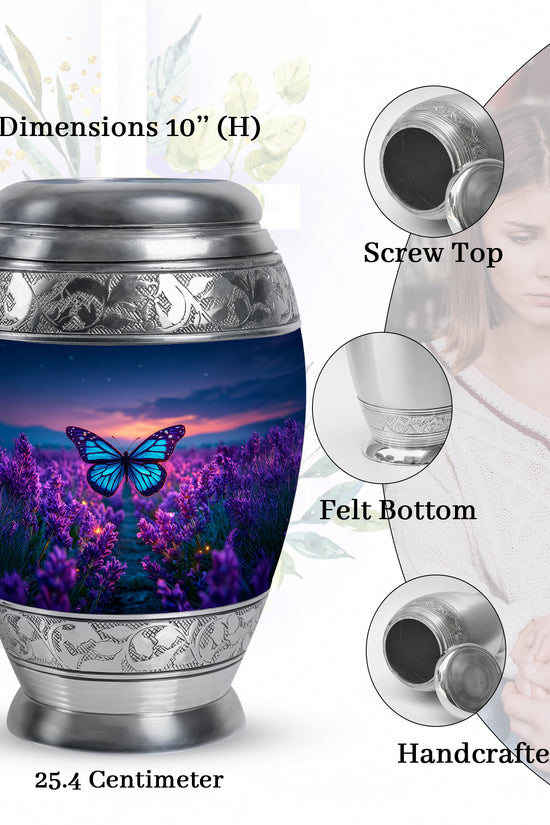 Dusty Blue Butterfly Cremation Urn lifestyle display on memorial shelf - ornate monarch-style butterfly relief on brushed aluminum - mini keepsake memorial for portion of cremation ashes
