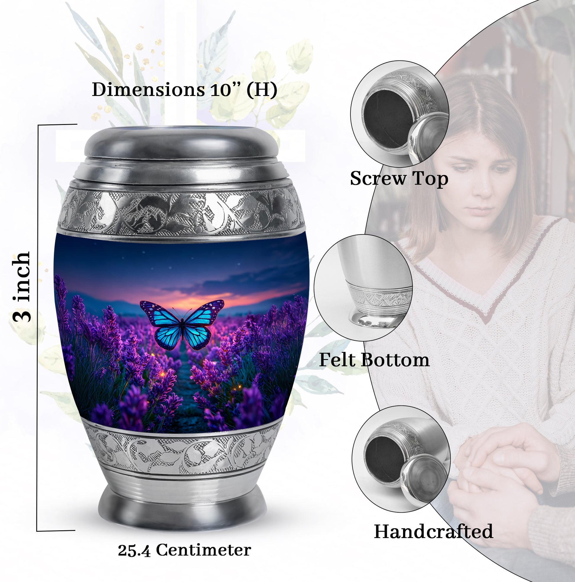Dusty Blue Butterfly Cremation Urn lifestyle display on memorial shelf - ornate monarch-style butterfly relief on brushed aluminum - mini keepsake memorial for portion of cremation ashes