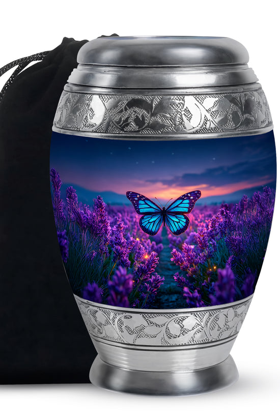 Calming Blue Butterfly Cremation Urn back view with polished surface - royal butterfly engraving with decorative scrollwork - full-size 10 inch 200 cubic inch adult cremation urn