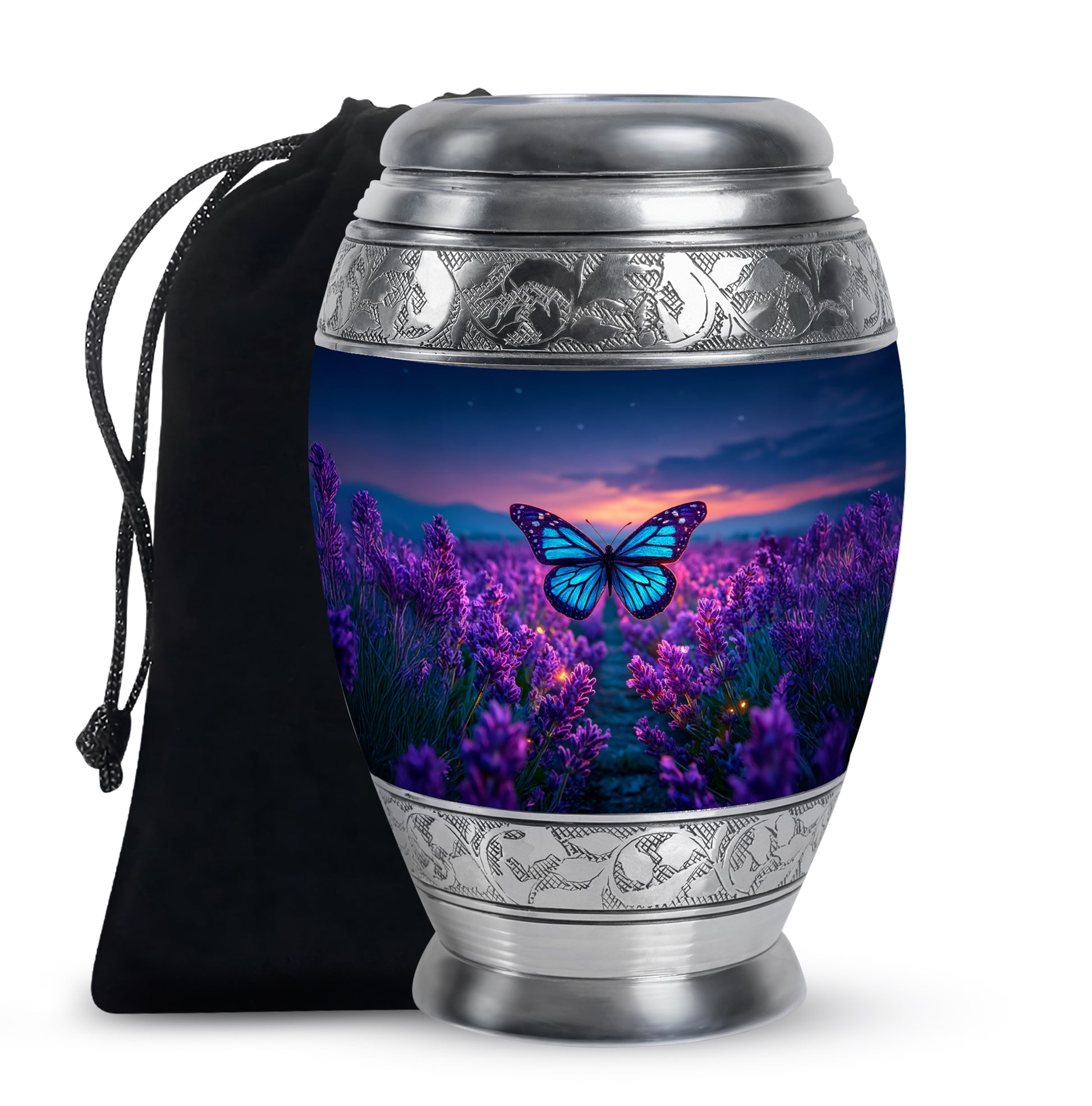 Calming Blue Butterfly Cremation Urn back view with polished surface - royal butterfly engraving with decorative scrollwork - full-size 10 inch 200 cubic inch adult cremation urn