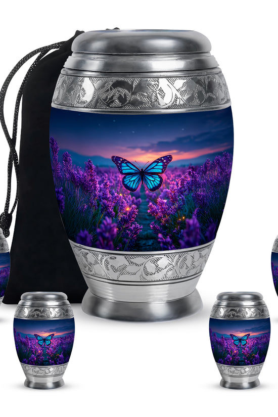 Pastel Blue Butterfly Cremation Urn detail view - regal butterfly design with crown-inspired accents - memorial set with one large and four small urns