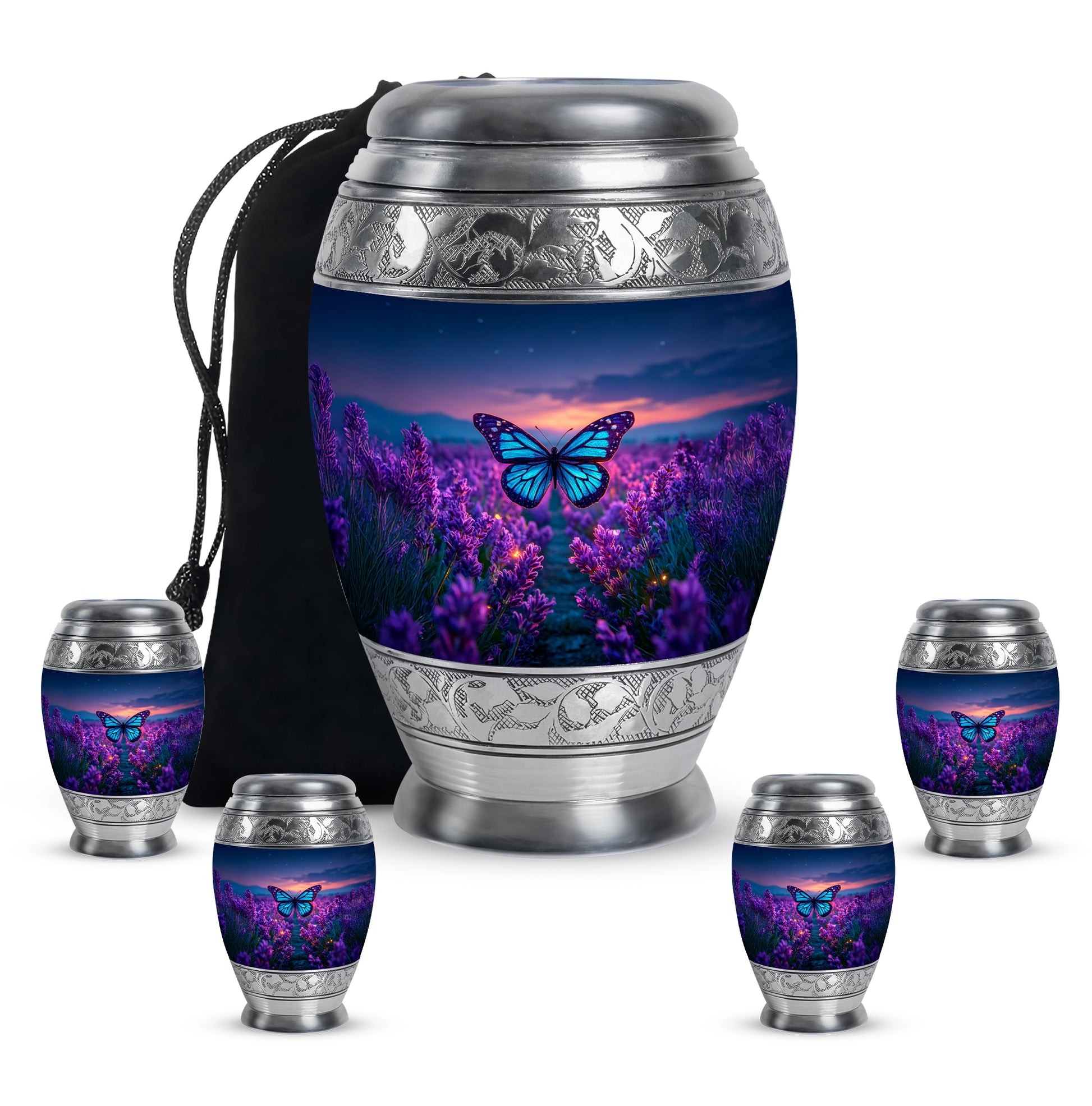 Pastel Blue Butterfly Cremation Urn detail view - regal butterfly design with crown-inspired accents - memorial set with one large and four small urns
