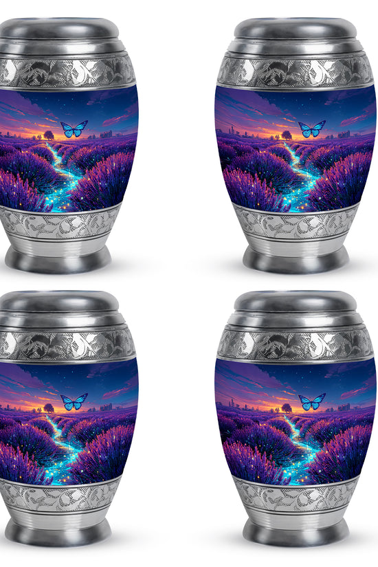 Misty Blue Butterfly Cremation Urn urn with complimentary velvet bag - ornate monarch-style butterfly relief on brushed aluminum - 10 inch aluminum urn for cremated remains