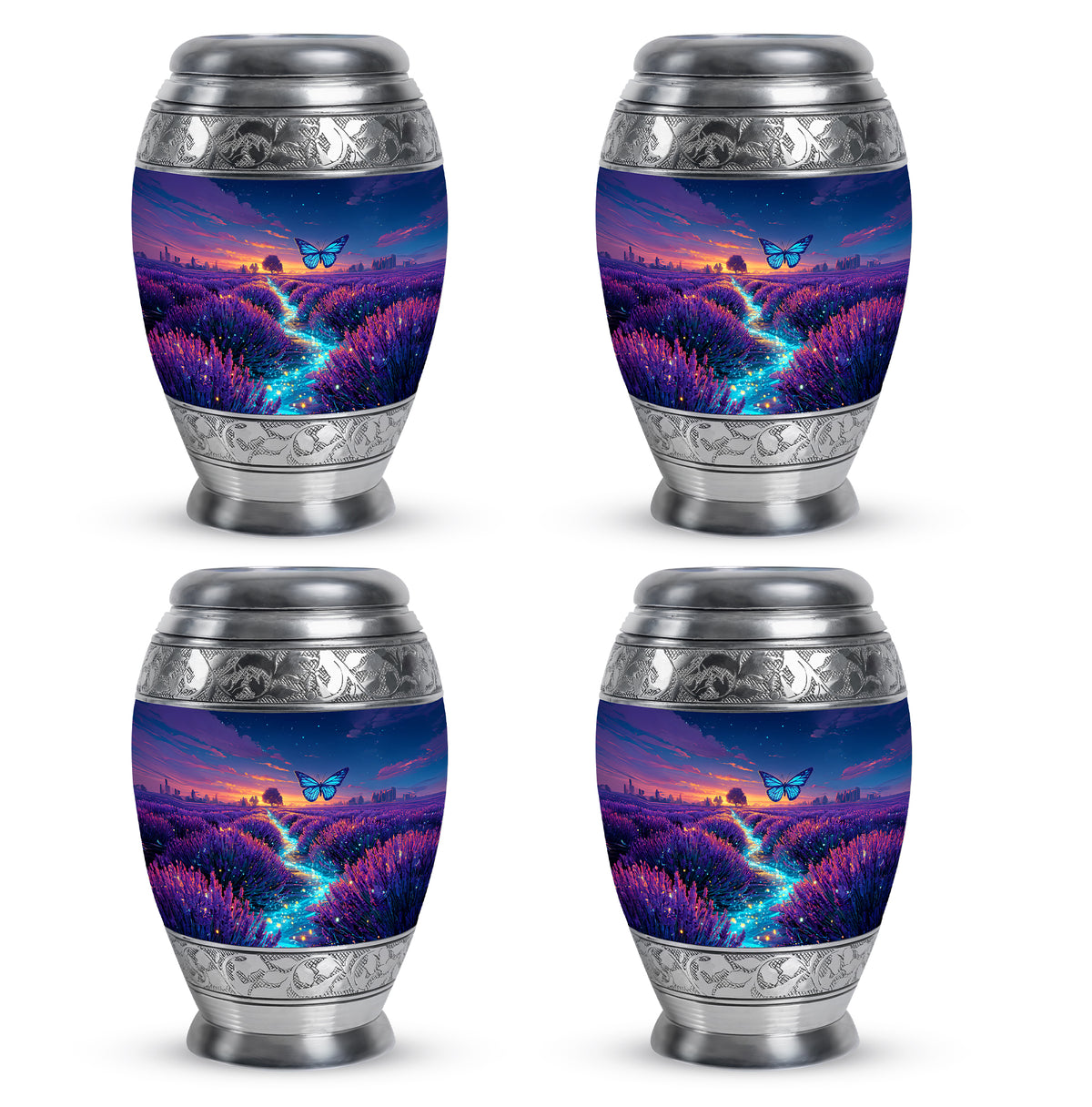 Misty Blue Butterfly Cremation Urn urn with complimentary velvet bag - ornate monarch-style butterfly relief on brushed aluminum - 10 inch aluminum urn for cremated remains